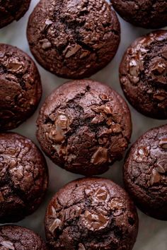 chocolate muffins are sitting on a white plate