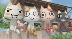 an animated group of cats and dogs standing in front of a wooden fence with a house behind them