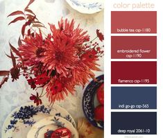 the color palette is red, blue and white with flowers in vases next to each other