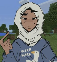 an animated image of a woman in a hoodie pointing to the side with her finger