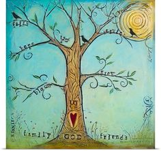 a painting of a tree with two birds perched on it's branches and the words family, god, friends