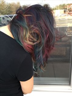 Rainbow hair color. Rainbow highlights Hair Dye Multicolor, Black Hair With Rainbow Highlights, Brown Hair With Rainbow Highlights, Rainbow Highlights Hair Brown, Subtle Rainbow Hair, Multicolour Hair, Hair Color Rainbow, Rainbow Hair Highlights, Colorful Highlights In Brown Hair