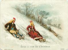 an old fashioned christmas card shows two women sledding down a hill