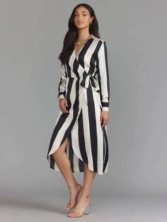 Long Sleeve Stripe Midi Dress | NY&Co Chic Maxi Wrap Dress For Day Out, Chic Long Sleeve Dress For Work, Striped Long Sleeve Maxi Dress For Work, Chic Midi Wrap Dress For Spring, Chic Striped Midi Dress For Party, Chic Spring Midi Length Wrap Dress, Chic Spring Midi Wrap Dress, Chic Striped Dresses For Day Out, Chic Striped V-neck Dress