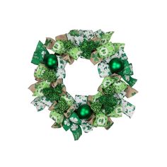 a green and white wreath with ornaments on it