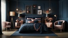 a bedroom with dark blue walls and furniture