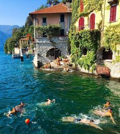 several people swimming in the water near some houses and buildings with ivy growing on them