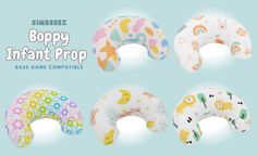 four inflatable pillows with different designs on them and the words, poppy infant prop base game compatible