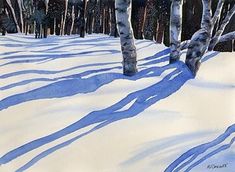 watercolor painting of trees in the snow