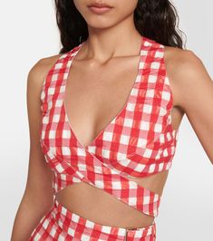 Vichy Gingham Cutout Crop Top in Red - Alaia | Mytheresa Fitted Summer Crop Top For Picnic, Summer Fitted Crop Top For Picnic, Fitted Crop Top For Summer Picnic, Chic Crisscross Summer Crop Top, Chic Summer Crisscross Crop Top, Summer Picnic Crop Top, Summer Fitted Wrap Top With Tie Back, Fitted Gingham Crop Top For Summer, Spring Crop Top For Picnic