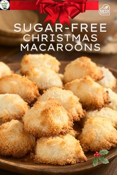 sugar - free christmas macaroons on a plate with a red bow around it