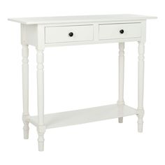 a white console table with two drawers on one side and an open drawer at the bottom