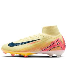 the nike meron fg soccer shoe is shown in yellow, blue and pink