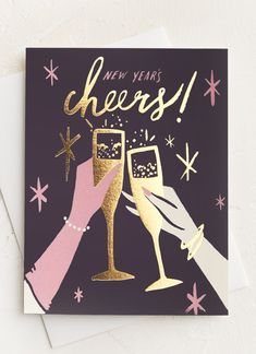 A card with image of hands clinking champagne flutes, text reads New Year's Cheers!. New Years Card, Cheers Card, Vero Beach Florida, Happy New Year Cards, Envelope Sizes, Vero Beach, New Year Card, Beach Florida, New Year's