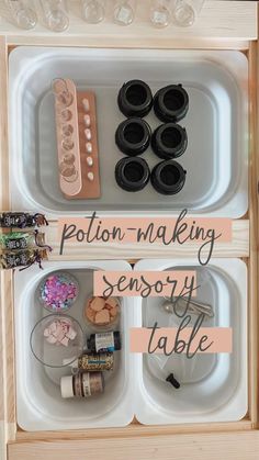 two trays filled with different items on top of each other, and the words pottery making sensory table above them