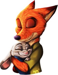 a drawing of a fox hugging a cat with its eyes closed and one paw on it's chest