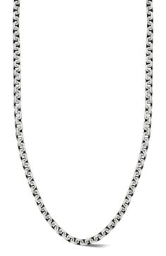 Oxidized sterling silver curb chain links form a sophisticated necklace to layer your look. Sterling silver Made in Italy Silver Oval Link Box Chain Necklace, Formal Silver Rolo Chain Necklace, Modern Silver Cuban Link Necklace With Box Chain, Classic Stainless Steel Necklace With Solid Links, Modern Silver Rolo Chain Necklace, Modern Silver Necklace With Rolo Chain, Classic Silver Curb Chain Necklace, Classic Silver Rolo Chain Necklace, Silver Stainless Steel Chain Necklace With Rolo Chain