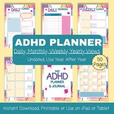 Tired of feeling overwhelmed and unfocused?!Stay organized and focused with the ADHD Planner and Journal! Introducing the ADHD Planner, your ultimate companion for staying organized and focused on what truly matters.  Designed specifically for individuals with ADHD, this planner understands the unique challenges you face and provides you with the tools and strategies to overcome them. Say goodbye to feeling overwhelmed and scattered, and say hello to a more productive and fulfilling life. With t Monthly Planner Ideas, Yearly Planning, Planner And Journal, Undated Monthly Planner, Daily Weekly Planner, Undated Weekly Planner, Monthly Meal Planning, Ultimate Planner, Journal Daily