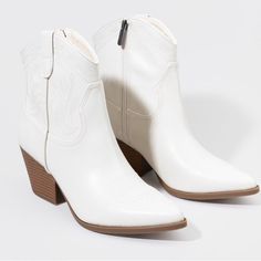 Simple And Elegant Short Cowboy Boots With Neutral Topstitching Detail On Toe And Shaft. Shaft Height: 6.5” At Highest Point Heel Height: 2.5” All Man Made Materials. Never Worn. New Without Box. White Short Cowboy Boots, Short Cowboy Boots, Pointed Heels, Shoes Heels Boots, Cream White, Cowboy Boots, Shoes Women Heels, Heeled Boots, Heel Height