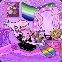 a cartoon pig laying on top of a bed next to a desk with a mirror