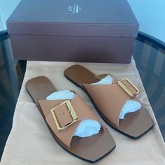 Leather Sandal With Square Toe And Adjustable Buckle Strap. Leather Sole. Brand New With Dustbag And Box. Eu Size 37 Chic Brown Sandals With Rectangular Buckle, Chic Brown Sandals With Tang Buckle, Brown Flat Sandals For Evening, Atp Atelier, Women's Shoes Sandals, Brown Color, Leather Sandals, My Girl, Shoes Sandals