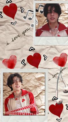 two pictures of a woman with red hearts and music notes