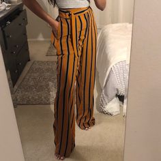 -Wide Leg Stripe Pants -Built In Buckle Detail -Never Worn Casual Bottoms With Pockets For Date Night, Casual Pants With Pockets For Date Night, Casual Straight Pants For Date Night, Summer Date Night Pants With Pockets, Casual Wide-leg Pants For Date Night, Casual High Waist Pants For Date Night, Casual Trousers For Date Night, Casual Wide Leg Bottoms For Date Night, Casual High-waisted Pants For Date Night