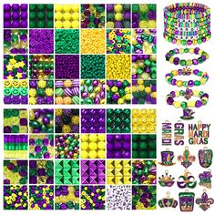 a collage of different colors and designs for mardi gras beads on display