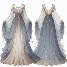 Fantasy Dress Illustration, Elven Dress Drawing, Dress Names Style Types Of, Fantasy Gown Art, Moon Dress Aesthetic, Elvish Gown, Fantasy Dress Design Art, Magical Outfits Drawing, Dress Art Reference