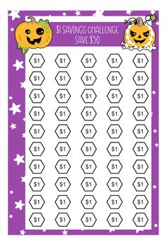 a purple and white printable halloween savings chart