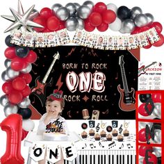 a baby is sitting in front of a rock and roll birthday backdrop with guitar balloons