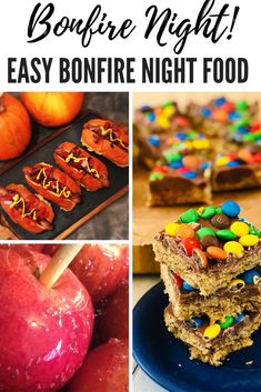 four different pictures with the words bonfire night easy bonfire night food on them and an apple in the background