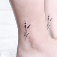 two tattoos on the legs of women with lavender flowers tattooed on their ankles and feet