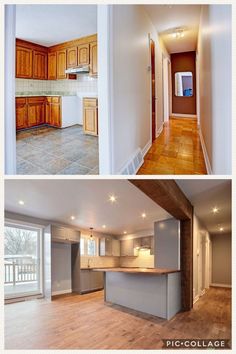 an empty kitchen and living room are shown in this split screen image from the same photo