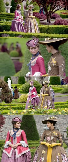 several different pictures of people in dresses and hats