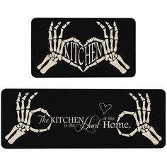 two black and white kitchen mats with skeleton hands