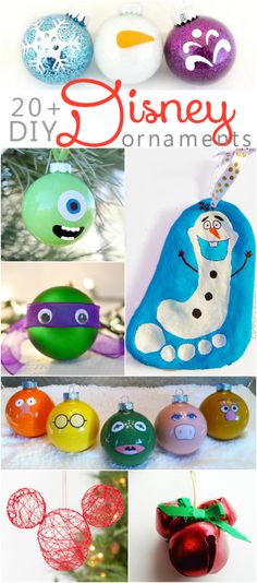 christmas ornaments made out of plastic balls and string with the words diy disney ornaments on them