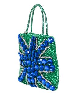 Introducing the Anteprima green coil bag - designed to add some razzle-dazzle to your vacation style! This mini handbag features a vibrant green coil design and a blue jewel flag with rhinestone trim. Perfect for a European escape, pair it with a slip dress and mule heels for a chic and playful look. Stretch coil material Beaded and jeweled front Top handles Height 7.5" Width 9.5" Depth 0.75" Strap drop 4.5" Green Beaded Bag For Summer, Green Beaded Rectangular Bag, Summer Green Beaded Bag, Green Summer Party Bags, Green Beaded Shoulder Bag For Everyday Use, Green Beaded Bag For Party, Green Beaded Bags For Parties, Green Tote Shoulder Bag For Party, Green Evening Bag For Summer