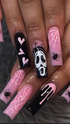 Halloween Gender Reveal Nails Ideas, Halloween Nail Designs Glow In The Dark, Black Nails With Pink, Halloween Scary Nails, Halloween Nails Matte, October Nails Halloween, Summerween Nails, Spooky Nails Acrylic, Pink Spooky Nails