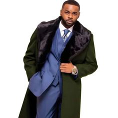 Overcoat ~ Long Men's Dress Topcoat - Winter Coat With Fur Collar Dark Olive And Wool Fabric Single Breasted Removable Fur Collar Wool Color: Dark Olive Classic Long Fur Coat For Formal Occasions, Fitted Pea Coat With Suit Collar For Winter, Fitted Winter Pea Coat With Suit Collar, Classic Green Winter Suits, Semi-formal Winter Pea Coat, Winter Pea Coat With Suit Collar For Semi-formal Occasions, Winter Semi-formal Pea Coat With Suit Collar, Winter Pea Coat With Suit Collar For Semi-formal, Semi-formal Shawl Collar Winter Outerwear