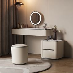 a bathroom with a vanity, stool and round mirror on the wall next to it