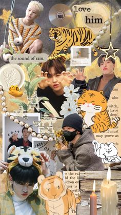 the collage has many different pictures and words on it, including one with a tiger