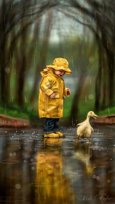 a painting of a little boy in yellow raincoat and duck