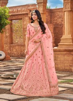 Soft Peach Zari Embroidered Wedding Lehenga Choli Luxury Peach Blouse Piece With Zari Work, Luxury Semi-stitched Peach Dupatta, Satin Lehenga, Heavy Lehenga, Engagement Lehenga, Party Wear Lehenga Choli, Indian Party Wear, Lehenga Choli Online, Pink Lehenga