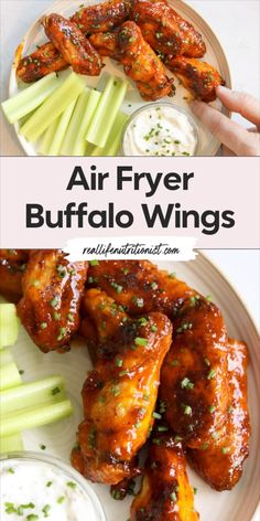 air fryer buffalo wings on a plate with celery sticks and ranch dressing