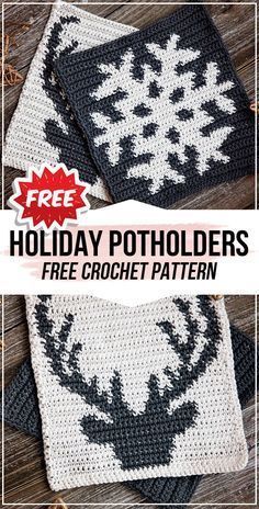 two crocheted coasters with the text holiday potholders free crochet pattern