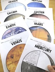 four posters with the names of different planets on them, and a hand pointing at them