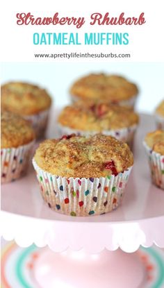 strawberry rhubarb oatmeal muffins on a cake plate