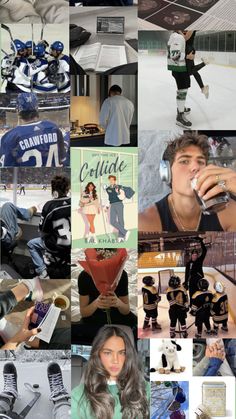 a collage of photos with people and sports related items in the middle one is wearing headphones, while the other has an ice hockey jersey