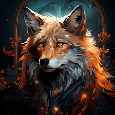 a painting of a fox with orange eyes